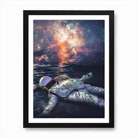 Astronaut Floating In Ocean Galaxy Sky Art Print