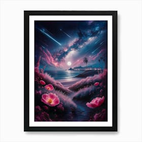 Night Sky With Pink Flowers Art Print