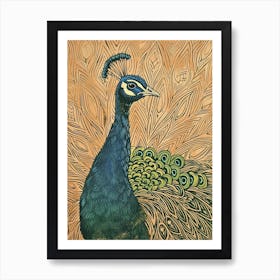 Peacock Peach Blue Linocut Inspired Art Print