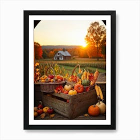 An Inviting Rustic Farm With Vegetables Like Corn Pumpkins Squash Elegantly Arranged In A Wooden B Art Print