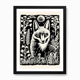 Linocut Fox Illustration Black 4 Art Print