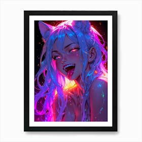 Cat girl cosplay — a neon beauty with cat ears and captivating pink hues, she embodies fantasy in the cyberpunk anime realm. Art Print