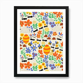 Bees, Ants, Ladybugs And Flowers Happy Kids 1 Art Print