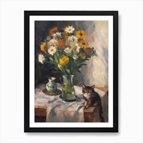 Flower Vase Daisies With A Cat 3 Impressionism, Cezanne Style Art Print