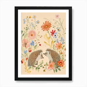 Folksy Floral Animal Drawing Hedgehog 9 Art Print