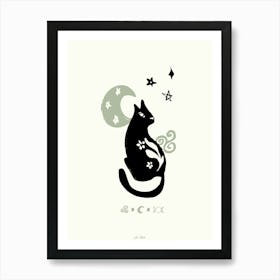 Magic Black Cat With Moon And Stars Sage Art Print