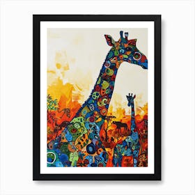 Geometric Colourful Giraffe & Calf 3 Art Print