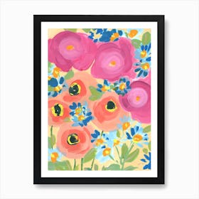 Pink Roses With Coral Anemones Art Print