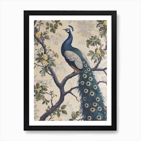 Vintage Peacock In A Tree Floral Wallpaper 2 Art Print