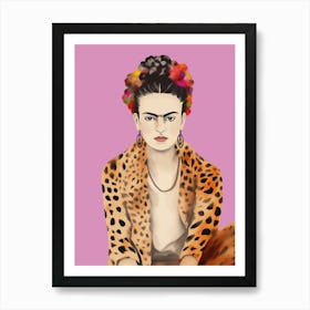 Frida Kahlo Leopard Print, Pastel Pink, Minimalistic Floral kreativ Art Poster