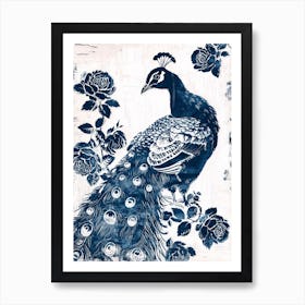 Navy Linocut Inspired Peacock With The Roses 3 Poster