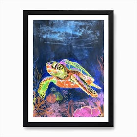 Neon Sea Turtle In The Sea At Night 1 Art Print