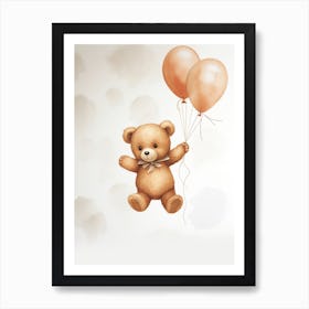 Baby Bear Flying With Ballons, Watercolour Nursery Art 3 Art Print