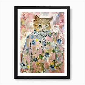 Animal Party: Crumpled Cute Critters with Cocktails and Cigars Cat In Floral Shirt 1 Art Print