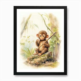 Monkey Painting Playing An Instrument Watercolour 1 Art Print