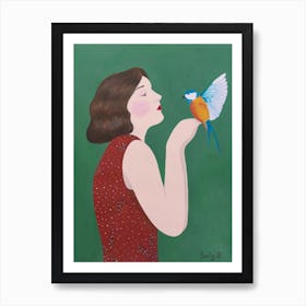 Woman And Bird Art Print