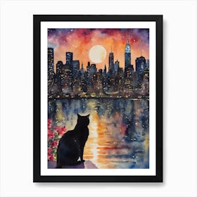 A Black Cat Watches Sunset Over New York Skyline Watercolor, Black Cat in The Big Apple, Witchy Cats, Iconic Cats Watercolour Painting, Colorful Pagan Dreamy Cats Among Wildflowers Living Room Artwork Famous Cityscape, Harbour Wiccan Wheel of The Year, Pretty Cats Yoga Spiritual Giant Buildings, Modern City, New York Reflecting Art Print