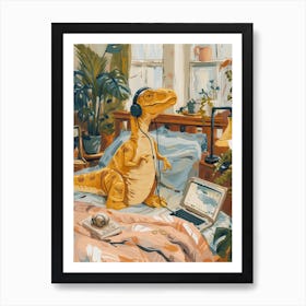 Dinosaur Listening To Music With Headphones In Bed 1 Art Print