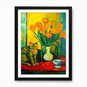 Daffodils With A Cat 1 Fauvist Style Painting Art Print