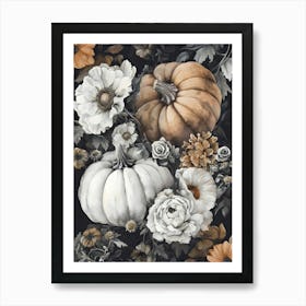 Pumpkins And Flowers Art Print