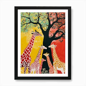 Cute Giraffe Herd Under The Trees Illustration 2 Art Print