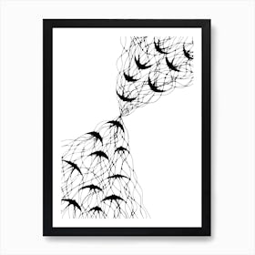 Abstract flock of fantasy birds / Hand Drawn / Black&White Art Print