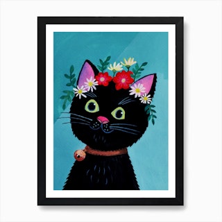 Black Cat With Floral Crown Art Print