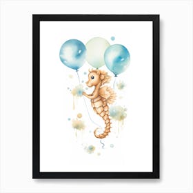 Baby Seahorse Flying With Ballons, Watercolour Nursery Art 4 Art Print