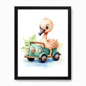 Baby Flamingo On Toy Car, Watercolour Nursery 1 Art Print
