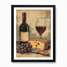 Cheese & Wine Rustic Illustration 2 Art Print