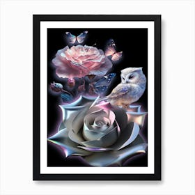 Owl And Rose Art Print