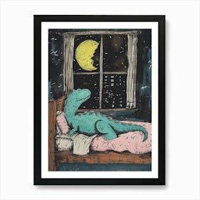 Dinosaur Snoozing In Bed At Night Abstract Illustration 3 Art Print