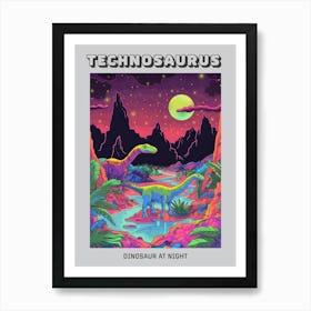 Neon Dinosaur At Night In Jurassic Landscape 4 Poster Art Print