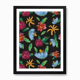 Brushed Flowers Black Art Print