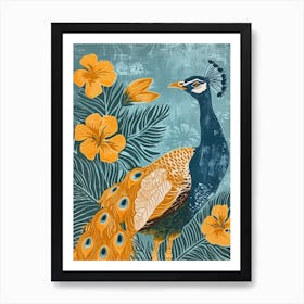 Blue Mustard Peacock With Tropical Flowers Linocut Inspired 3 Art Print