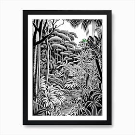 Penang Botanic Gardens, 1, Malaysia Linocut Black And White Vintage Art Print