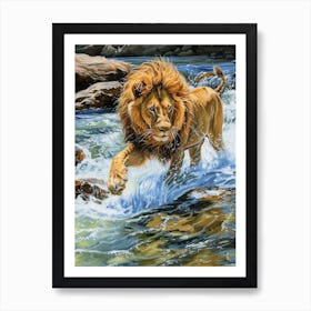 Barbary Lion Crossing A River Acrylic Painting 1 Art Print