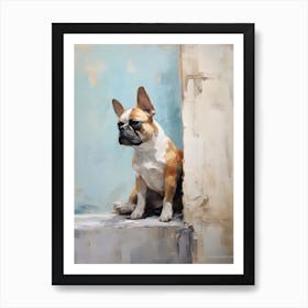 French Bulldog Dog, Painting In Light Teal And Brown 3 Art Print