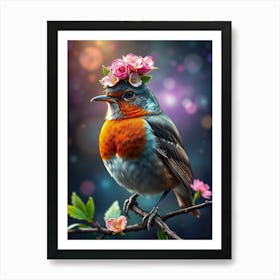 Robin With Flowers Art Print