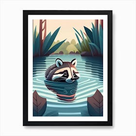 Raccoon Swimming In River Cute Digital 3 Art Print