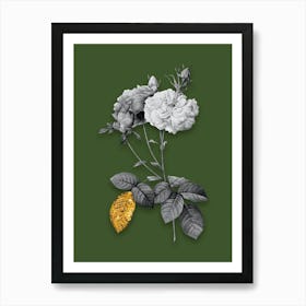 Vintage Damask Rose Black and White Gold Leaf Floral Art on Olive Green n.0123 Art Print