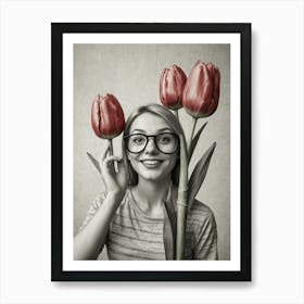 Young Woman With Glasses And Tulips Art Print