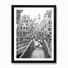 Drawing Of A Dog In Tivoli Gardens, Italy In The Style Of Black And White Colouring Pages Line Art 04 Art Print