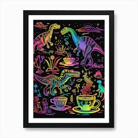 Neon Dinosaur Rainbow Illustration With Tea Art Print