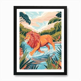 African Lion Crossing A River Illustration 1 Art Print