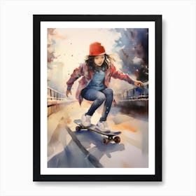 Girl Skateboarding In Seoul, South Korea Watercolour 1 Art Print