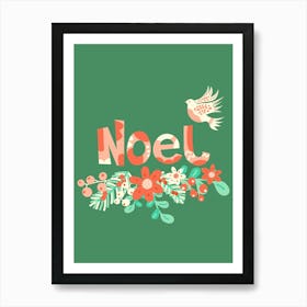 Noel Folk Art Christmas Dove and Winter Florals on Green Art Print