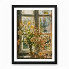 Dahlia Flowers On A Cottage Window 1 Art Print