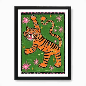 Green Tiger Illustration Tapestry Graphic Wall Art Art Print