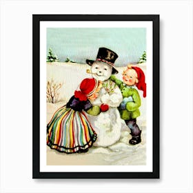 Kids Couple And A Snowman, Holiday Greeting Art Print